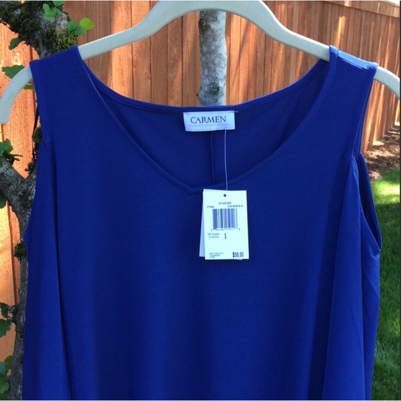 Carmen Marc Valvo Blue Cold Shoulder Top - Picture 3 of 3